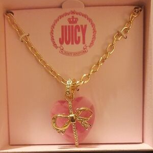 Juicy Couture Gold-Tone Chain Necklace with Pink Heart Crystal and Bow